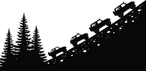 "Black and white off-road vehicle silhouette vector climbing rocky hill with pine trees, rugged terrain adventure and motion concept design"
