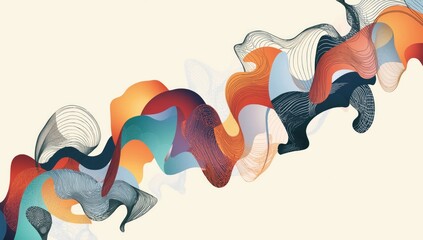 Abstract composition showcasing flowing forms and vibrant gradients, featuring an array of warm colors like orange, red, and teal, complemented by intricate line work, set against a soft beige...