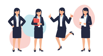 Four women in business attire striking different poses.