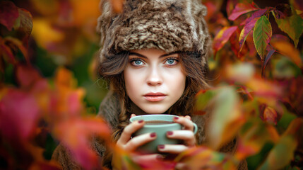 Portrait of a young woman in wool hat holding a cup of cocoa surrounded by autumn colors