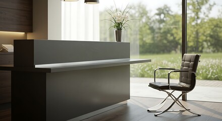 Serene Minimalist Reception Area - Modern Office Interior Design with Natural Light.