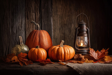 Rustic autumn still life with pumpkins, dry leaves and lantern on wooden background