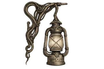 Steampunk biomechanical lantern drawing with organic detailed bracket