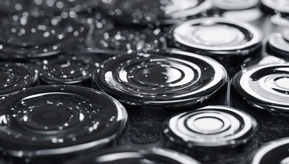 Obraz premium Close-up of numerous dark, metallic, circular disks with glossy, reflective surfaces showing ripple patterns from a liquid; scattered droplets present