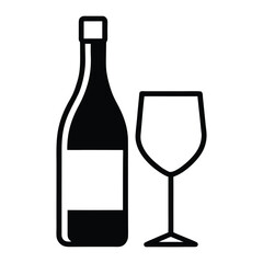 Black silhouette of wine bottle and empty wine glass on white empty glass beverage