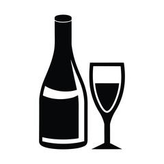 Black silhouette of wine bottle and glass on white background wine glass black and white