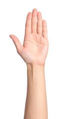 Obraz premium Close-up of a light-skinned hand raised in a stop gesture