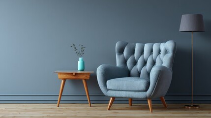 interior with grey wall blue armchair and wood side table no logos no brands ar 169