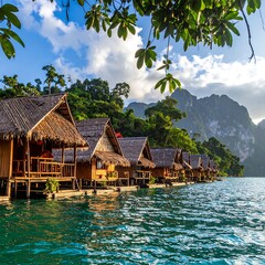 Obraz premium Lakeside huts nestled among lush greenery