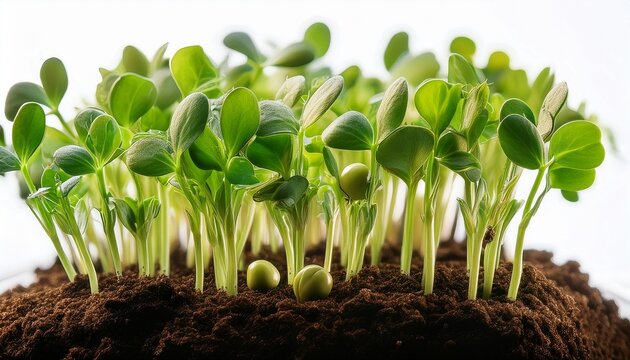 a high resolution macro photograph capturing vibrant pea microgreens emerging from the soild