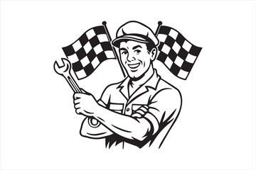 Retro mechanic mascot holding wrench with checkered racing flags. Vintage style illustration for automotive, garage, racing, repair service, or motorsport design.