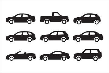 Set of car silhouettes including sedan, pickup, SUV, convertible, coupe, and hatchback. Vector automobile icons for transport, automotive, design, and vehicle illustration.