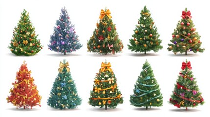 vibrant collection of decorated christmas trees with colorful ornaments and bows