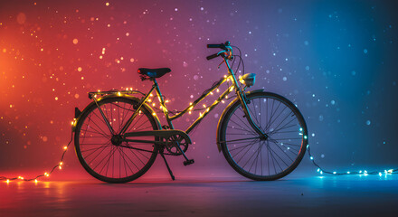 Fototapeta premium Classic bicycle wrapped in golden fairy lights under pink gradient sky. Warm romantic atmosphere for lifestyle or travel visuals.