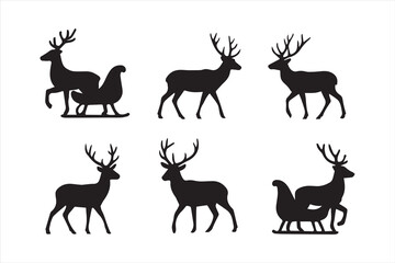 Reindeer silhouette set with antlers and sleigh. Black vector deer isolated on white background. Perfect for Christmas, holiday, winter, and festive design elements.
