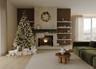 Cozy modern living room decorated for Christmas with a glowing fireplace, festive tree, wreath and wrapped presents. Elegant neutral colors and wooden accents create a warm holiday atmosphere.