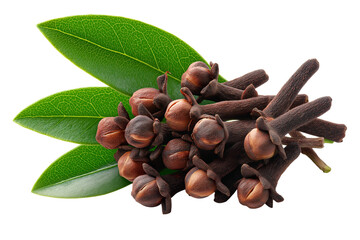 clove buds cluster with leaves, isolated on transparent background, spices and herbs