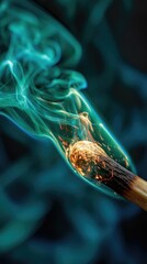 Close-up of a burning matchstick, vibrant teal smoke billowing upwards against a dark background, showcasing the intense heat and delicate smoke patterns