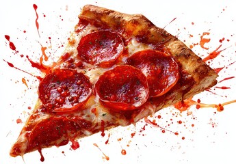 Pepperoni Pizza Slice Exploding With Red Splashes