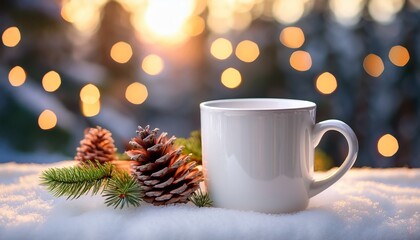 cozy white mug on snow with pine cones and soft background lights