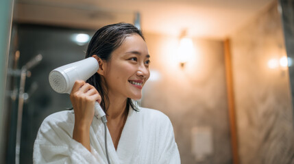 Smiling young woman in a white bathrobe drying her hair with a hairdryer in a cozy, modern bathroom.