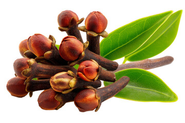 clove buds cluster with leaves, isolated on transparent background, spices and herbs