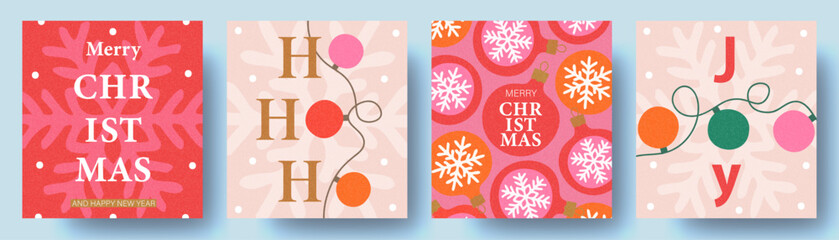 Set of Christmas cards. Modern design with Christmas garland, balls and greetings. Trendy hand drawn illustration for season banner, poster, cover. 