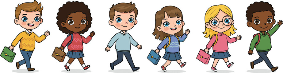 Cartoon illustration of diverse school children walking with backpacks and books, happy kids going to school, education concept, smiling students