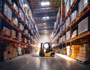 forklift parked in warehouse full of food and goods on shelves
