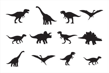 Set of dinosaur silhouettes including T-Rex, Triceratops, Stegosaurus, Brachiosaurus, Velociraptor, and Pterodactyl. Black vector isolated shapes for design, logo, kids, and prehistoric theme.