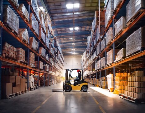 forklift parked in warehouse full of food and goods on shelves
