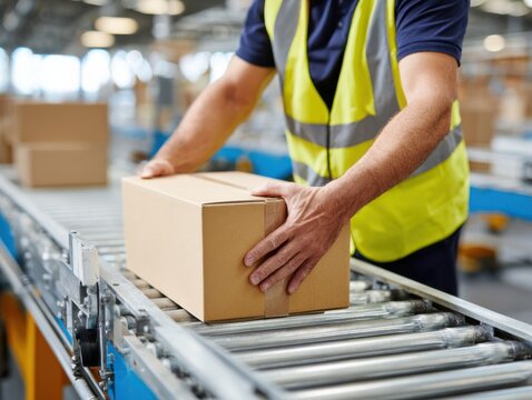 A worker in a high-visibility vest carefully places a cardboard box onto a warehouse conveyor belt.