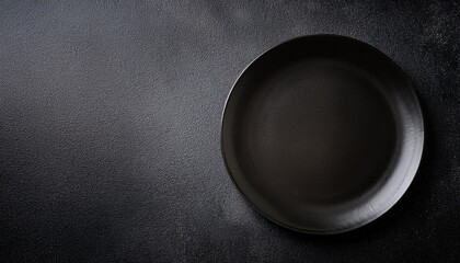empty round black plate on dark moody dark background with copy space overhead view