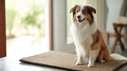Adorable Australian Shepherd sitting on a woven mat near the doorway, looking alert and content.