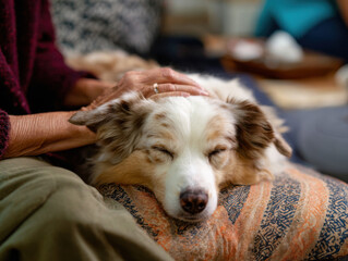 Elderly person gently petting a relaxed dog resting on their lap at home, symbolizing comfort, companionship, emotional support, and peaceful pet ownership.
