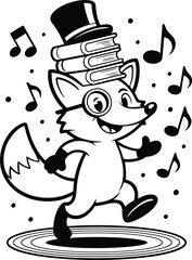 Dancing Fox with Book Hat & Musical Notes – Black & White Vector for Kids, Education & Whimsical Creativity