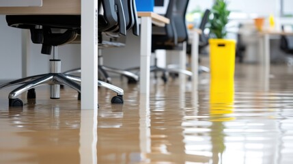 A close-up low-angle view of a flooded office floor with dirty brown water submerging the wheels of office chairs and the bottom of a yellow bin, reflecting the ceiling lights.
