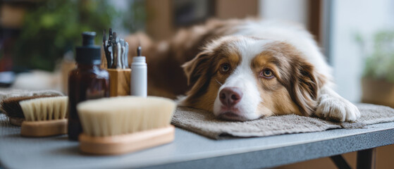 An Australian Shepherd rests its head on a towel next to grooming tools, looking calm and relaxed in a pet grooming setting.