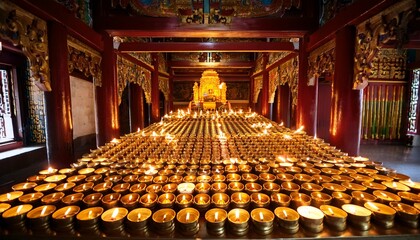 rows of golden butter lamps illuminating a sacred altar in tibetan temple at night focus on light...