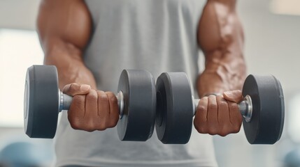Strong muscular man lifting dumbbells in gym, showcasing power and fitness, emphasizing strength training and healthy lifestyle for fitness enthusiasts