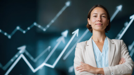 Confident woman in business attire standing with arms crossed in front of a rising financial graph.