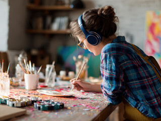 A young woman wearing headphones painting on canvas in a cozy art studio filled with brushes and supplies.