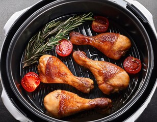delicious crispy roasted chicken legs garnished with rosemary and tomatoes in air fryer