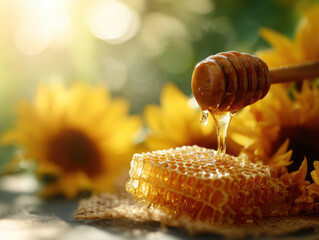 Close-up of golden honey dripping from a dipper onto a honeycomb, with sunflowers softly blurred in the background, evoking a warm, natural atmosphere.