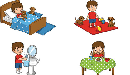 Daily routine of little boy illustration, sleeping, playing with puppy, washing hands, eating breakfast, healthy lifestyle, kids activity, cartoon design