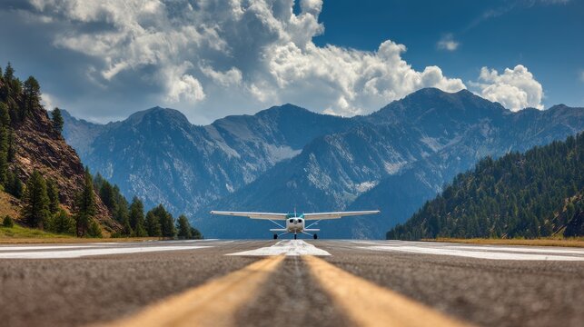 A small Cessna aircraft is lined up on a runway, ready to take flight. Lush green mountains provide a stunning backdrop under a bright blue sky with fluffy clouds