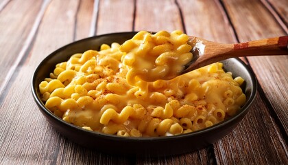 creamy mac and cheese being scooped with wooden spoon