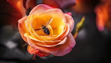 a vivid close up of a rose with a bee celebrating nature s details