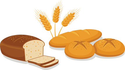 Fresh baked bread with wheat ears illustration, loaf, sliced bread, round buns, bakery food, healthy breakfast, organic grain product