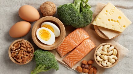 Fresh Healthy Ingredients for Nutritious Meal Preparation Featuring Eggs, Salmon, Cheddar Cheese, Nuts, and Broccoli on Linen Cloth